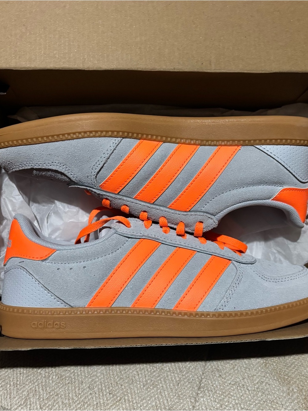 adidas Women's Light Gray Suede Sneakers with Neon Orange Stripes